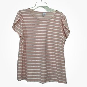 ELLE Top Pink White XL Striped Tulip Short Sleeve T Shirt NEW NWT